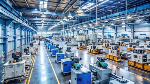 Gleaming rows of precision-made machinery hum with activity in a state-of-the-art factory, serving as a testament to modern industrial manufacturing prowess and innovation.