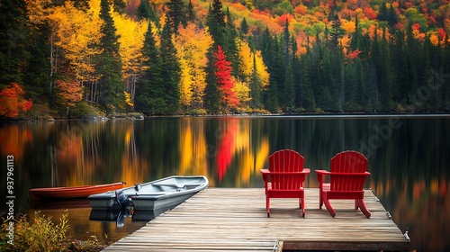 Two red chairs on wooden dock in autumn forest, lake view, Canadian landscape, beautiful scenery.