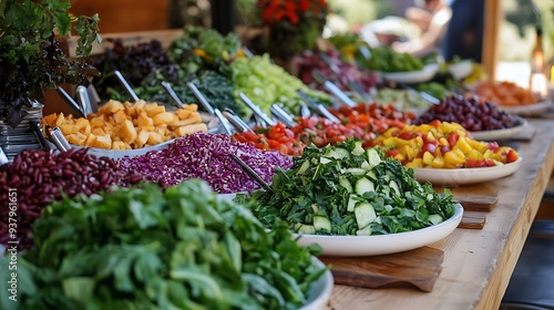 A colorful salad bar at a vegetarian festival, featuring fresh greens, fruits, and grains