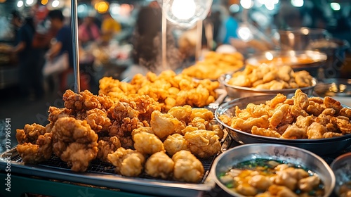 Focus on fried delicacies at an outdoor food stall in a bustling market setting in Thailand