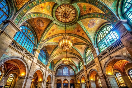 Historic Manhattan landmark boasts stunning polychrome vaulted ceiling in ornate lobby, featuring intricate architectural details and preserved grandeur from a bygone era.