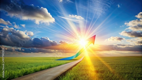 A brightly colored arrow stretches across a vast, sunlit landscape, symbolizing forward momentum and progress, against a blue sky with wispy white clouds.