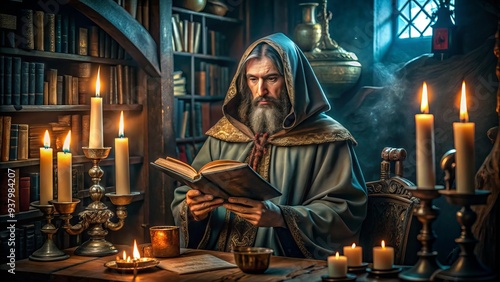 Mysterious sorcerer surrounded by ancient tomes, candles, and mystical artifacts in a dimly lit, velvet-draped chamber, evoking an atmosphere of esoteric knowledge and forbidden power.