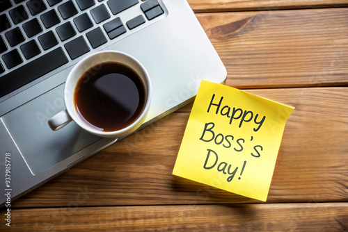 Happy Boss'S Day! Note On Desk With Coffee And Laptop.