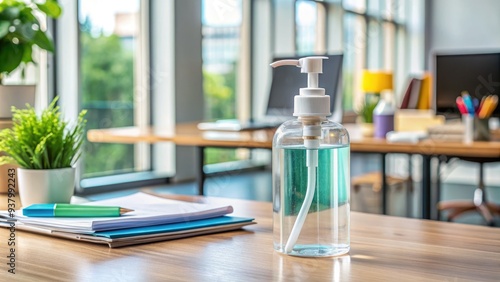 A clear plastic dispenser filled with antibacterial liquid sits on a modern desk amidst office supplies, promoting cleanliness and hygiene in the workplace.