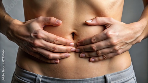 A close-up of a person's stomach, with the thumb and fingers gently pressing into the skin, highlighting the curves and contours of the abdomen.