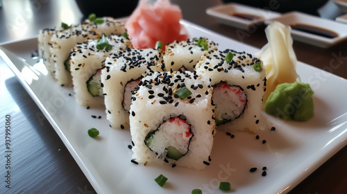 Smakowita kompozycja świeżych sushi rolli japońskich, udekorowanych czarnymi nasionami sezamu i drobno posiekaną zieloną cebulką. 