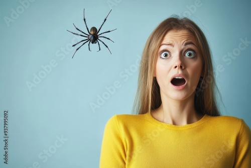 a woman is shocked by a spider