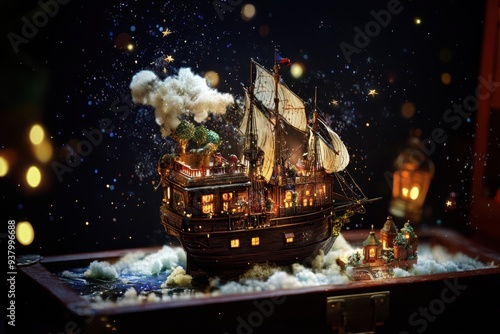 a model of a ship in a box with lights