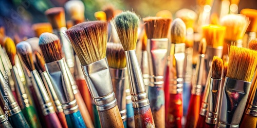 Close-up of various artist paintbrushes with selective focus