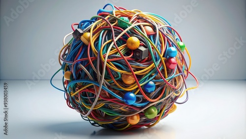 A colorful mix of twisted wires, plugs, and cords forming a messy ball, symbolizing technological chaos and digital disorganization in a modern lifestyle.