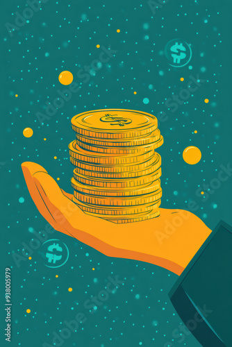 Illustration of a hand holding a stack of gold coins against a vibrant background, symbolizing wealth and prosperity.