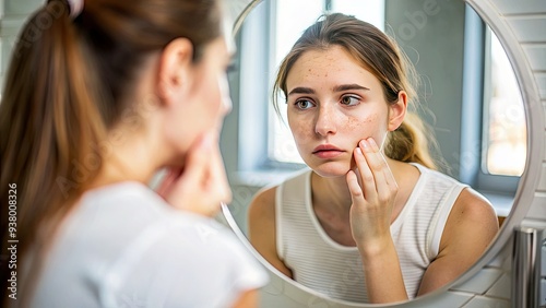 A concerned young adult with acne, hyperpigmentation, and dry skin examines her face in a mirror, seeking solutions for her various skin issues.