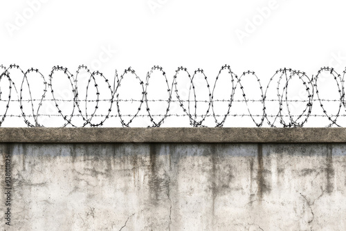 Barbed wire fence on top of concrete wall isolated on transparent background. Concept of restriction of freedom and prison