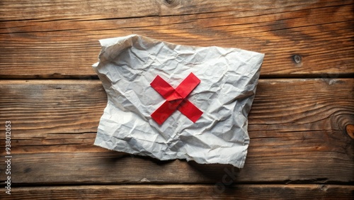 A crumpled and torn up piece of paper with a red "X" marked in the center, symbolizing disappointment and defeat, lies on a worn wooden desk.