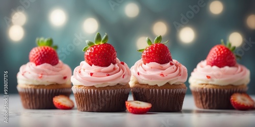 A row of cupcakes, each topped with frosting and a single strawberry.