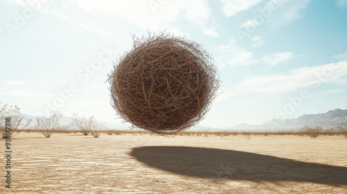 Large tumbleweed suspended in mid-air over a barren desert landscape. Its shadow is cast on the cracked ground under a clear sky