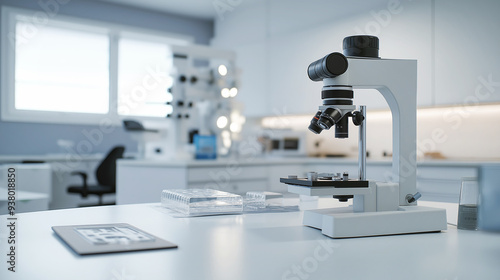 Modern microscope on a laboratory table in a bright, sterile lab environment. The image emphasizes scientific research and precision in a clean, well-organized space