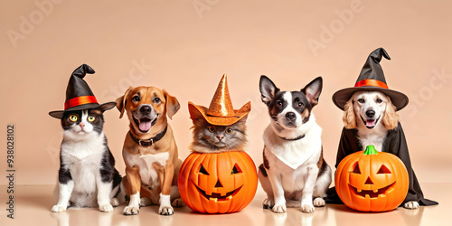 Flat Candid Halloween Pet Costume Contest concept as A candid shot of pets dressed in Halloween costumes eagerly participating in a contest. The scene captures the humor and excitement ideal for ads p