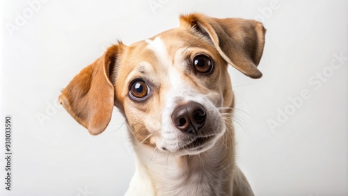 Adorable puzzled pup tilts head, furrowed brow, and raised eyebrow, conveying humorously exaggerated doubt and confusion, sitting on a minimalist white background.