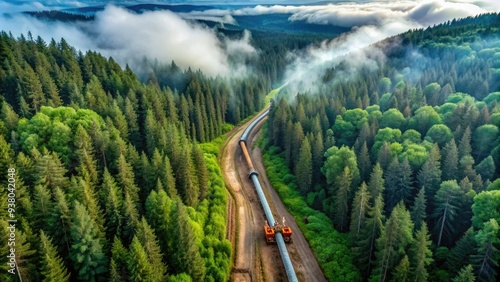 Aerial view of a zigzagging pipeline cutting through a recently cleared area of lush green forest, surrounded by tall trees and misty atmosphere.