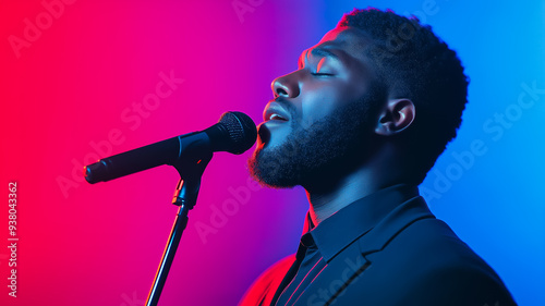 Solo gospel singer in deep concentration microphone close to lips soft spotlight creating dramatic shadows powerful expression of faith 