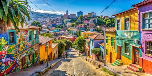 Vibrant Cerro Alegre neighborhood in Valparaíso, Chile, showcases colorful alleys, street art, and eclectic graffiti, attracting tourists to this charming urban hub.