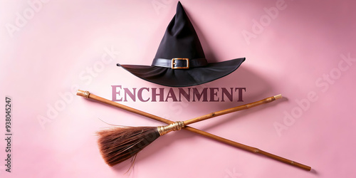 Witch Hat and Broom with Enchantment Text concept as A sleek isolated vector featuring a witch hat and broom crossed with the word Enchantment elegantly placed underneath. The elements are isolated on