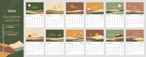 Vertical calendar template 2025 year. Suitable for A3 A4 A5 format. With travel landscape illustrations and hiking quotes in mute earth colors. Wall calendar layout with week start Monday 12 months