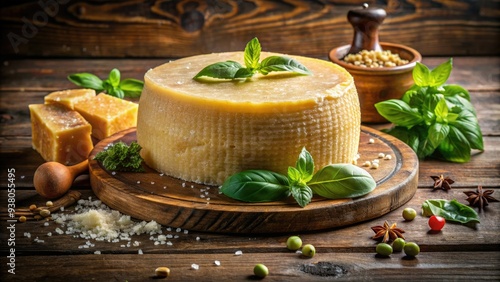 Aged to perfection, a large, golden-hued parmesan cheese wheel sits atop a rustic wooden table, surrounded by fresh basil leaves and a sprinkle of parsley.