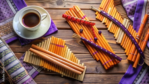 Vibrant purple and orange panpipes lying on a worn, wooden table surrounded by scattered music sheets and a few forgotten coffee cups.