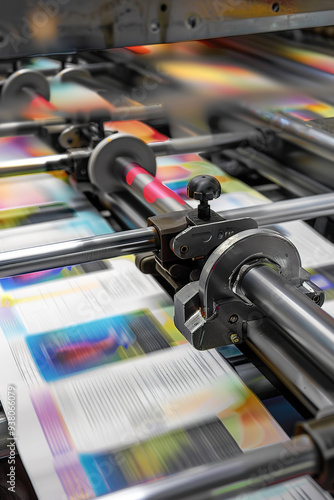 Printing press in action, freshly printed pages emerging, vibrant ink colors visible.