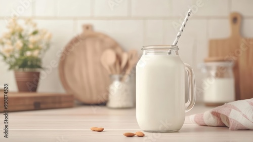 A mason jar filled with homemade almond milk, set in a bright kitchen with a striped straw, almonds, and a cozy ambiance, promoting dairy-free alternatives.