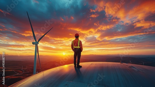 An engineer admires the beautiful sunset, symbolizing the culmination of a successful project and the beauty of renewable energy.