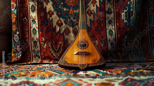 A traditional balalaika with its triangular body, leaning against a colorful, patterned tapestry. 32k, full ultra hd, high resolution