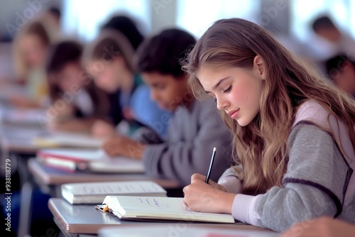 A girl is at a desk in class writing in a notebook