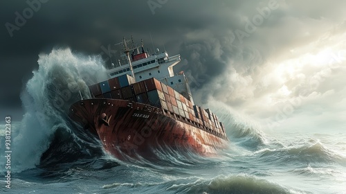 A cargo ship battles towering waves in stormy sea, showcasing power of nature. 