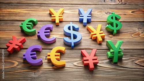 Assorted colorful global currency symbols, including dollar, euro, yen, and pound, scattered on a wooden table, symbolizing international trade and financial exchange.