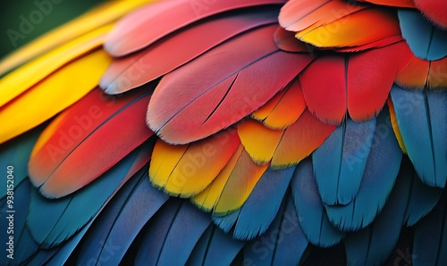 Close-Up of Parrot Feather with Bold Primary Colors and Crisp Details