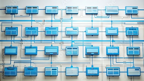 Blue digital nodes and lines interconnected on a white background, representing a website's sitemap and structure, with various sections and categories organized hierarchically.