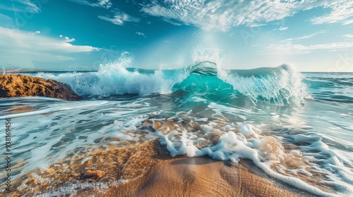 A crystal-clear ocean wave rolling onto a rocky shore.