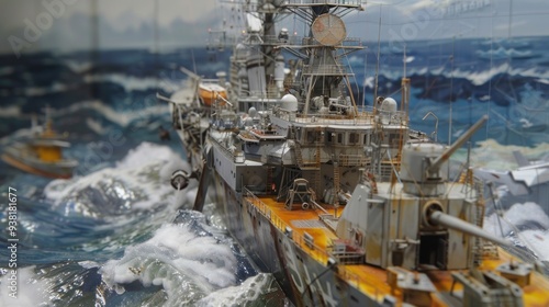 Detailed model ship on stormy seas.