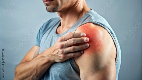 Close-up of a person's shoulder and upper arm, highlighting the affected rotator cuff area, with redness, swelling, and inflammation indicative of rotator cuff syndrome.