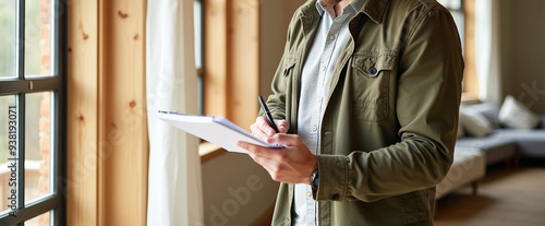 Inspector, engineer, builder, contractor checking list into clipboard for review, inspection consultancy 