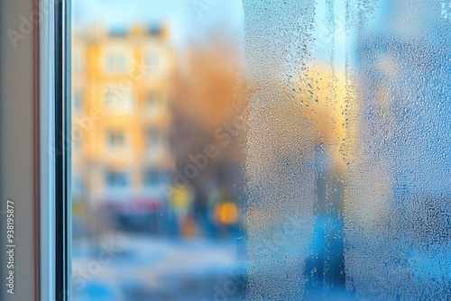 Misty window view of urban sunrise