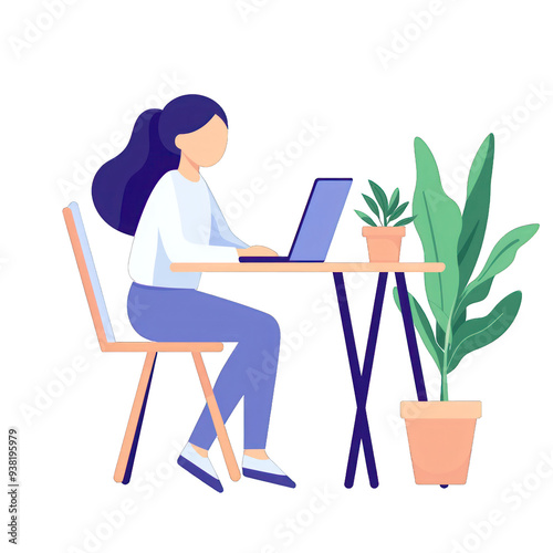 A woman works on her laptop at a table with plants, illustrating a modern home office environment for productivity. transparent background