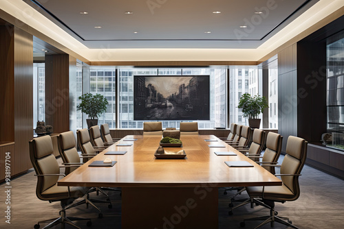 Large conference room with a sleek grey, black, and white interior design. Spacious table surrounded by chairs, set against the backdrop of minimalist decor.