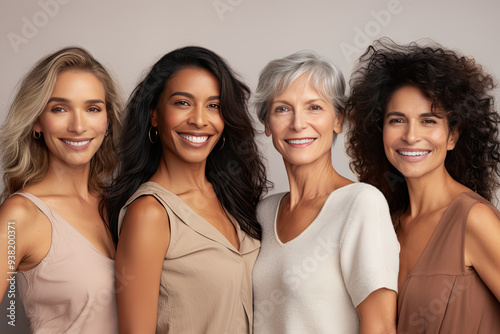 Diverse group of women of different ages and ethnicities, smiling together, representing unity and diverse beauty standards.