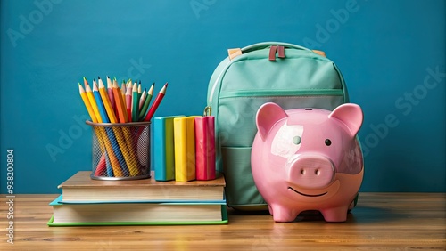 Colorful backpacks, pencils, and books surround a piggy bank on a desk, symbolizing a happy and organized school budget for a successful academic year.