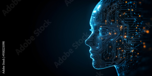 Human face with digital circuits, concept of artificial intelligence and human computer integration